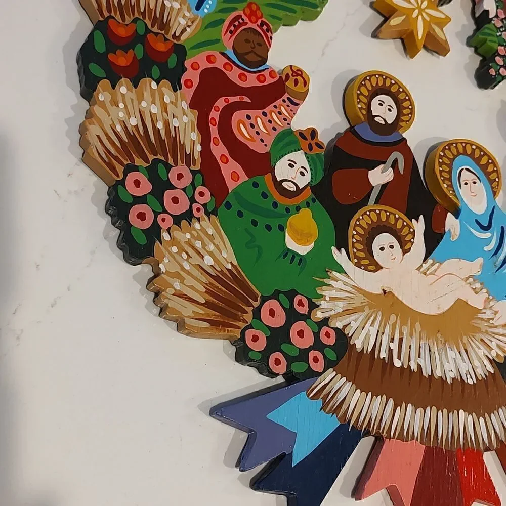 Hand Painted Wooden Nativity Scene Hanging Wreath Vintage
